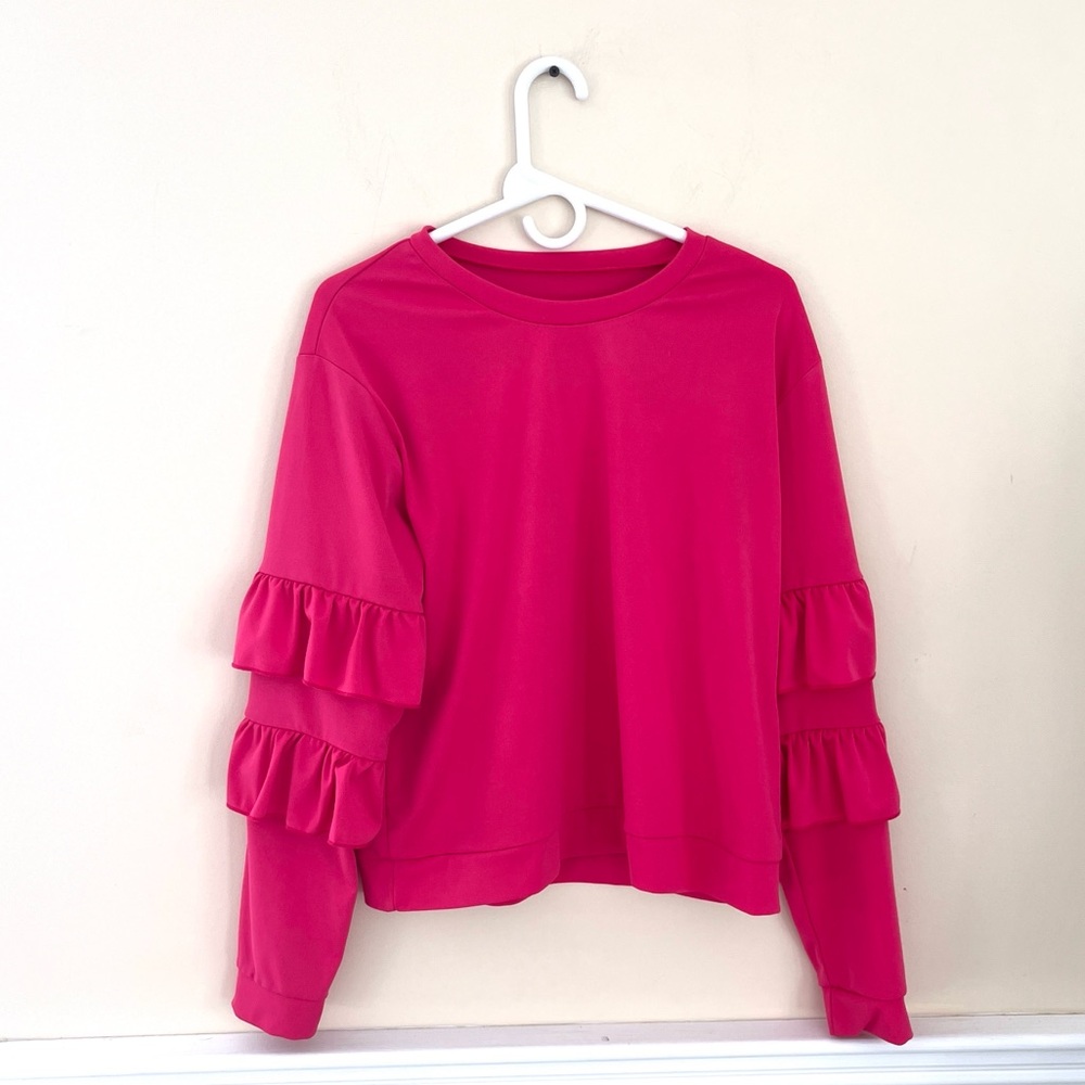 DEX Fuchsia Tiered Ruffle Sleeve Sweatshirt Style Blouse XL NWOT - Picture 2 of 7